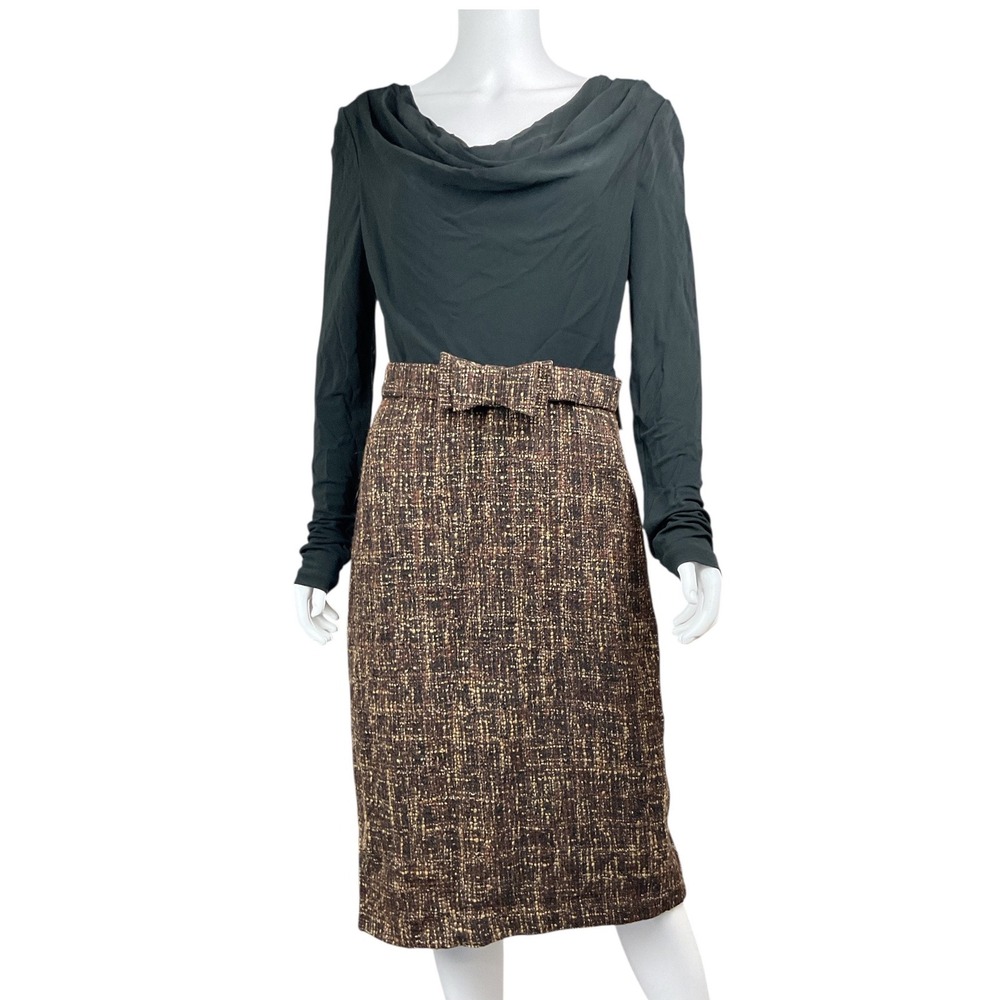 Badgley‎ Mischka Women's Brown Tweed Skirt Suit Set Cowl Neck Long Sleeve 12